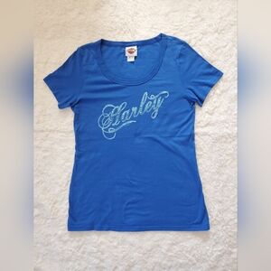 HARLEY DAVIDSON Women's Short Sleeve BLUE Cotton Shirt with Bling. Size Large.